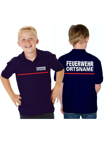 Kinder-Polo navy, FEUERWEHR Schrift "A" Ortsname weiss mit rotem Streifen