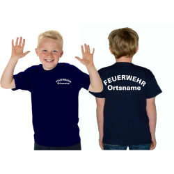 Kinder-T-Shirt navy, FEUERWEHR mit Ortsname gebogene...