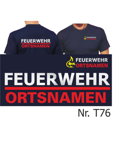 T-Shirt BaWü Stauferlöwe with place-name, FEUERWEHR silver with red stripe and red place-name