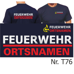 T-Shirt BaWü Stauferlöwe mit Ortsnamen, FEUERWEHR silber mit rotem Streifen und rotem Ortsnamen