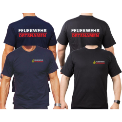 T-Shirt BaWü Stauferlöwe mit Ortsnamen, FEUERWEHR silber mit rotem Streifen und rotem Ortsnamen