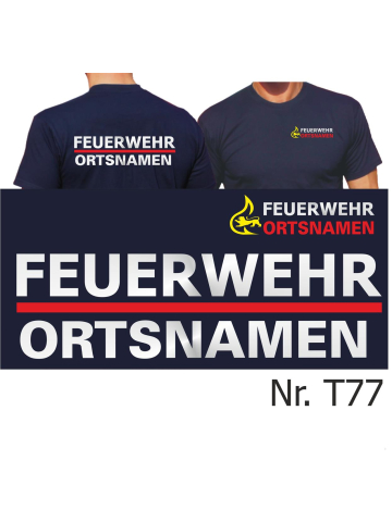 T-Shirt BaWü Stauferlöwe mit Ortsnamen beidseitig, FEUERWEHR silber mit rotem Streifen und silbernem Ortsnamen