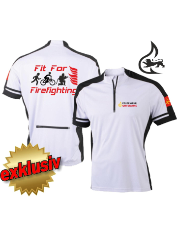 Bike-Shirt white, 1/2 Zip, atmungsaktiv, Stauferlöwe + Ortsname, FitForFirefighting + Runner+Biker+Firefighter