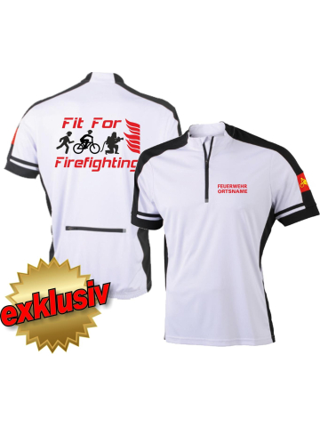 Bike-Shirt white, 1/2 Zip, respirant, FEUERWEHR + nom de lieu, FitForFirefighting + Runner+Biker+Firefighter