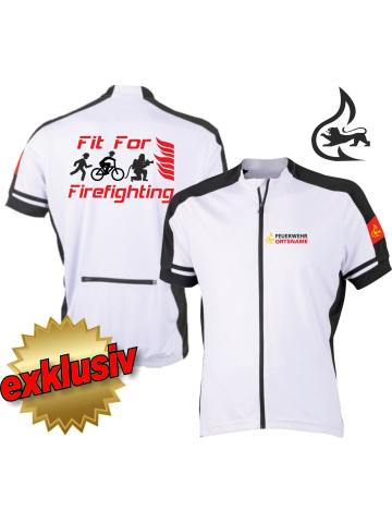 Bike-Shirt white, full-Zip, atmungsaktiv, Stauferlöwe + Ortsname, FitForFirefighting + Runner+Biker+Firefighter