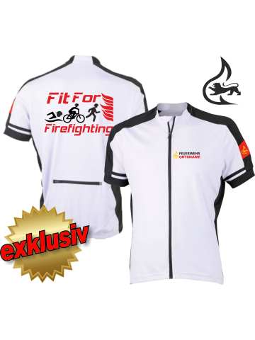 Bike-Shirt white, full-Zip, atmungsaktiv, Stauferlöwe + Ortsname, FitForFirefighting Triathlon