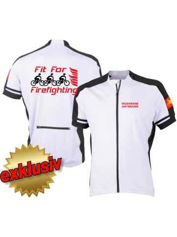 Bike-Shirt white, full-Zip, traspirante, FEUERWEHR + nome del luogo, FitForFirefighting + 3 bikes