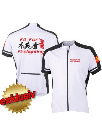 Bike-Shirt white, full-Zip, respirant, FEUERWEHR + nom de lieu, FitForFirefighting + Runner+Biker+Firefighter