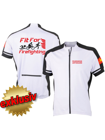 Bike-Shirt white, full-Zip, breathable, FEUERWEHR + place-name, FitForFirefighting + Triathlon