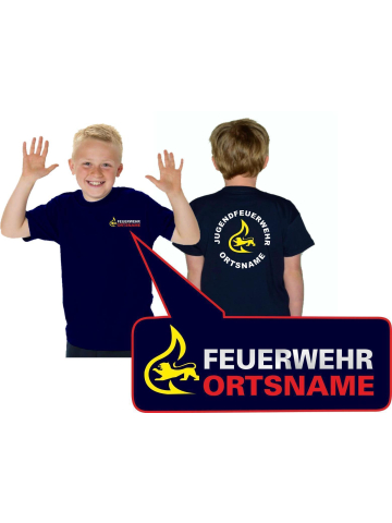 Kinder-T-Shirt navy, BaWü with Stauferlöwe with place-name beidseitig, rund, Stauferlöwe yellow