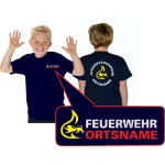 Kinder-T-Shirt blu navy, BaWü con Stauferlöwe con nome del luogo beidseitig, rund, Stauferlöwe giallo