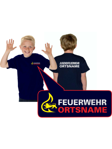 Kinder-T-Shirt navy, BaWü Stauferlöwe JUGENDFEUERWEHR place-name white hinten