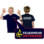 Kinder-T-Shirt azul marino, BaWü Stauferlöwe JUGENDFEUERWEHR ponga su nombre blanco hinten