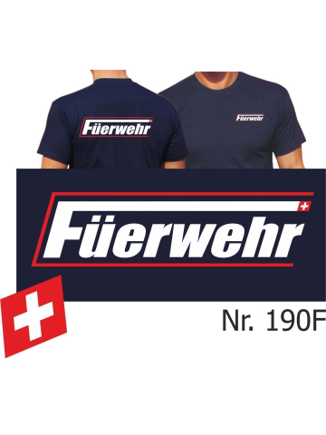 T-Shirt marin, Füerwehr avec longue "F" dans blanc avec rouge (Schweiz)