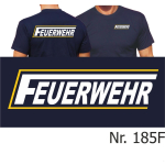 T-Shirt azul marino, FEUERWEHR con largo "F" en blanco con amarillo