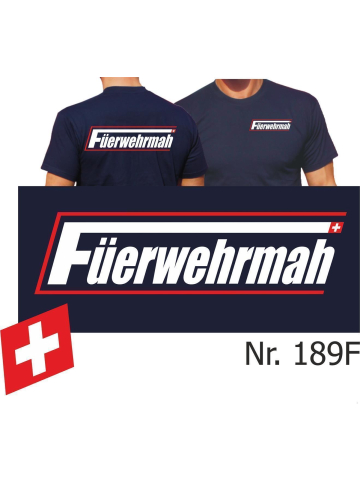 T-Shirt blu navy, Füerwehrmah con lungo "F" nel bianco con rosso (Schweiz)