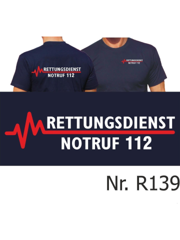 T-Shirt azul marino, RETTUNGSDIENST NOTRUF 112 con rojo EKG-línea