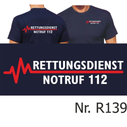T-Shirt azul marino, RETTUNGSDIENST NOTRUF 112 con rojo...