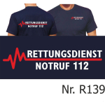 T-Shirt blu navy, RETTUNGSDIENST NOTRUF 112 con rosso EKG-linea