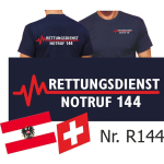 T-Shirt navy, RETTUNGSDIENST NOTRUF 144 (Österreich+Schweiz) with red EKG-line