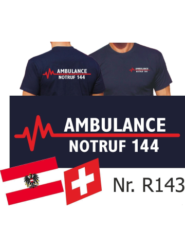 T-Shirt marin, AMBULANCE NOTRUF 144 (Österreich+Schweiz) avec rouge EKG-ligne