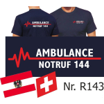 T-Shirt azul marino, AMBULANCE NOTRUF 144 (Österreich+Schweiz) con rojo EKG-línea