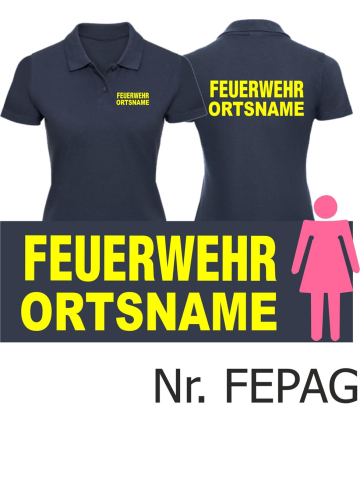 Frauen-Polo navy Schrift "A" mit Ortsname, Schrift: neongelb