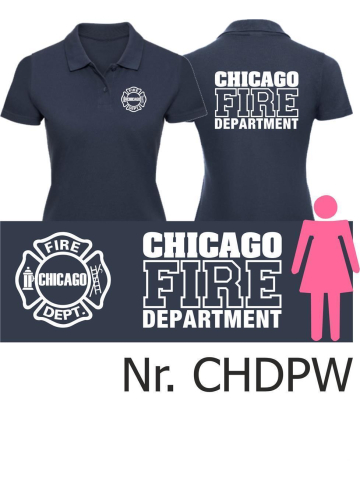 Camisa de polo de las mujeres azul marino, CHICAGO FIRE Dept. fuente: blanco