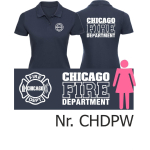 Camisa de polo de las mujeres azul marino, CHICAGO FIRE Dept. fuente: blanco