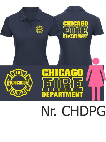 Camisa de polo de las mujeres azul marino, CHICAGO FIRE Dept. fuente: amarillo