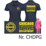Camisa de polo de las mujeres azul marino, CHICAGO FIRE Dept. fuente: amarillo