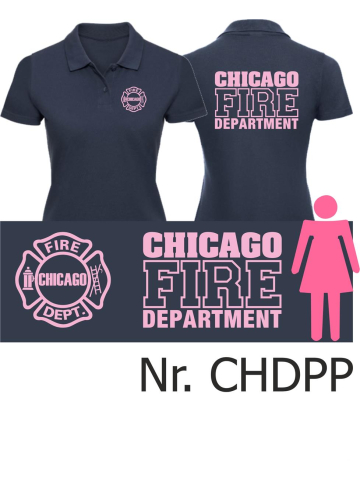 Camisa de polo de las mujeres azul marino, CHICAGO FIRE Dept. fuente: rosa
