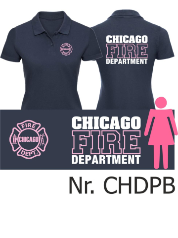 Women Polo navy, CHICAGO FIRE Dept. font: rosa/white