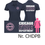 Camisa de polo de las mujeres azul marino, CHICAGO FIRE Dept. fuente: rosa/blanco