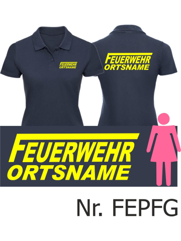 Frauen-Polo navy, Schrift "F" mit Ortsname, Schrift: neongelb