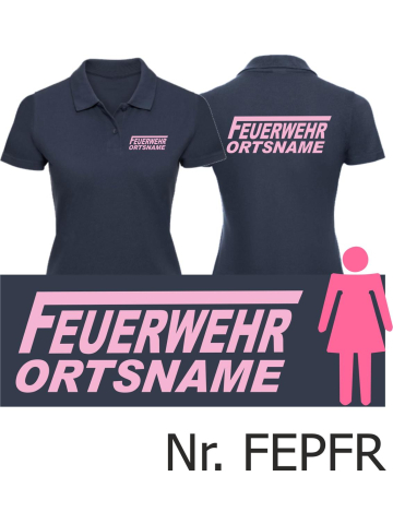 Frauen-Polo navy, Schrift "F" mit Ortsname, Schrift: rosa