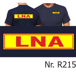 T-Shirt azul marino, LNA rojo auf neonamarillo, rojo gerahmt