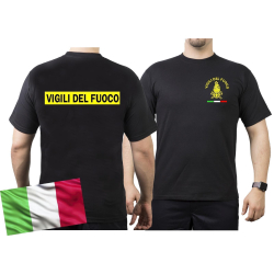 T-Shirt nero, Vigili del Fuoco, con bandiera