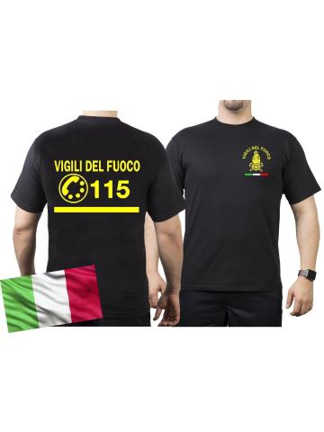 T-Shirt nero, Vigili del Fuoco, con numero 115