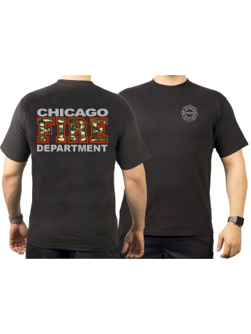 CHICAGO FIRE Dept. camouflage & red, black T-Shirt