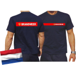 T-Shirt blauw, BRANDWEER in rode strepen, embleem geel,doopvont wit, weerskanten