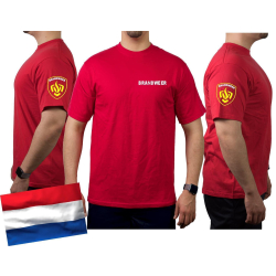 T-Shirt rood, BRANDWEER nel het wit, Emblemen op de mouwen