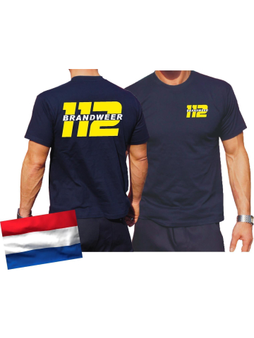 T-Shirt blauw, BRANDWEER + alarmnummer 112 (neon geel)