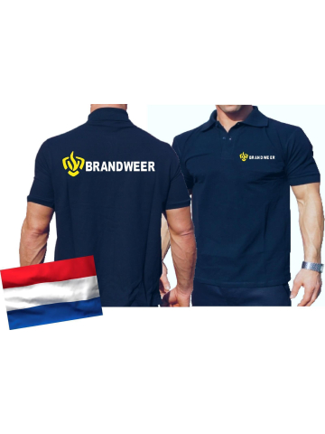 Polo blauw, BRANDWEER, embleem geel,doopvont wit, weerskanten