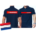 Polo blauw, BRANDWEER en rode strepen, embleem geel,doopvont wit, weerskanten