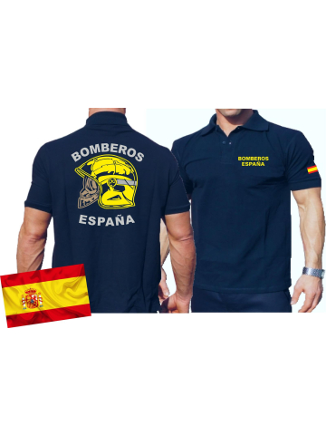 Polo (blu navy/azul) BOMBEROS ESPAÑA, casco amarillo, bandera española