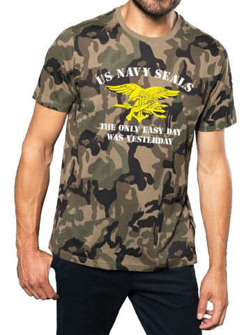 T-Shirt camouflage, blu navy SEAL (The Only Easy Day Was Yesterday) white & yellow