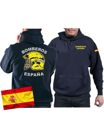 Hoodie (azul marino/azul) BOMBEROS ESPAÑA, casco amarillo, bandera española