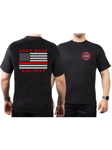 T-Shirt nero, "KEEP BACK 200 FEET / 343" flag, silver/red