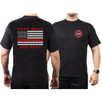 T-Shirt black, "KEEP BACK 200 FEET / 343" flag, silver/red
